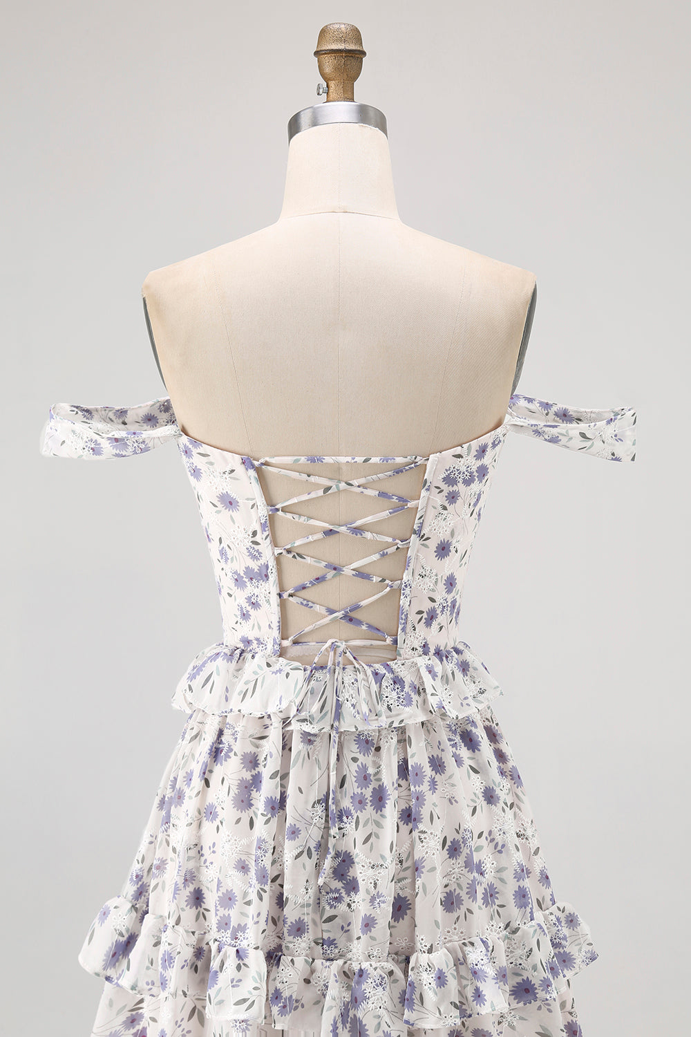 Purple Floral Off the Shoulder Chiffon A-Line Corset Long Wedding Guest Dress