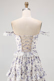 Purple Floral Off the Shoulder Chiffon A-Line Corset Long Wedding Guest Dress
