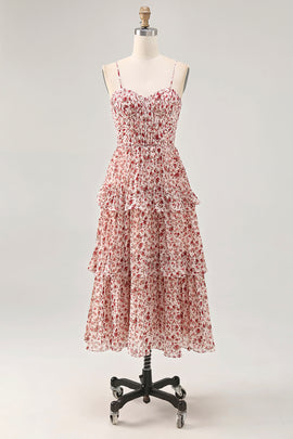 Blush Ruched Floral Chiffon Long Wedding Guest Dress with Ruffles
