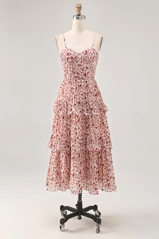 Blush Ruched Floral Chiffon Long Wedding Guest Dress with Ruffles