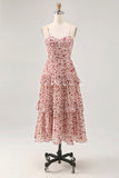 Blush Ruched Floral Chiffon Long Wedding Guest Dress with Ruffles