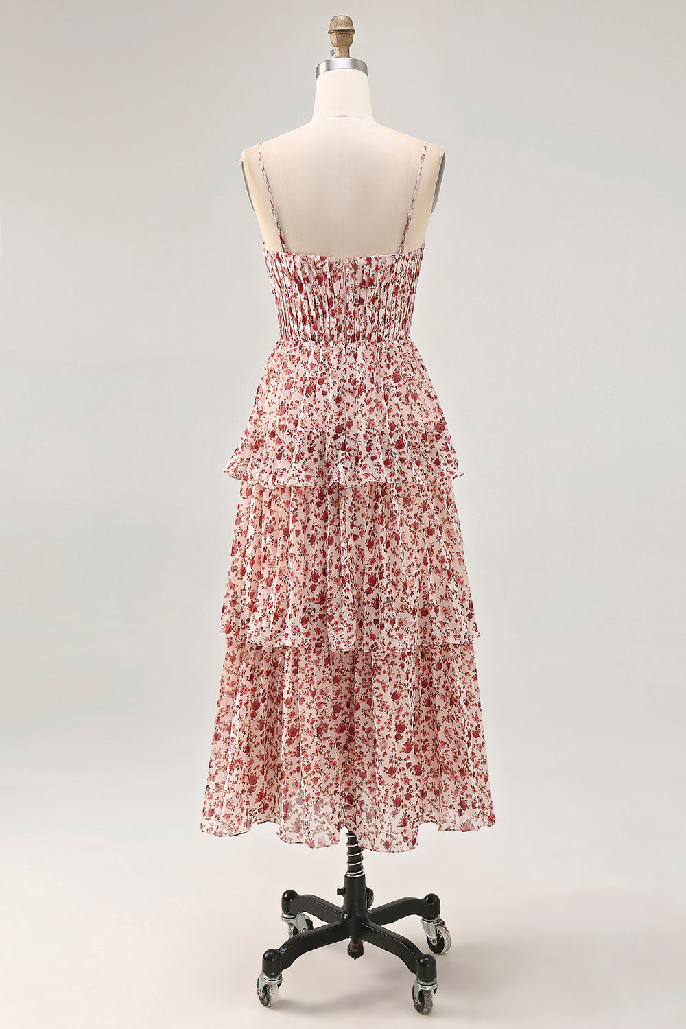 Blush Ruched Floral Chiffon Long Wedding Guest Dress with Ruffles