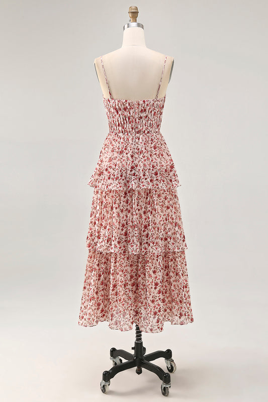 Blush Ruched Floral Chiffon Long Wedding Guest Dress with Ruffles