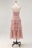 Blush Ruched Floral Chiffon Long Wedding Guest Dress with Ruffles