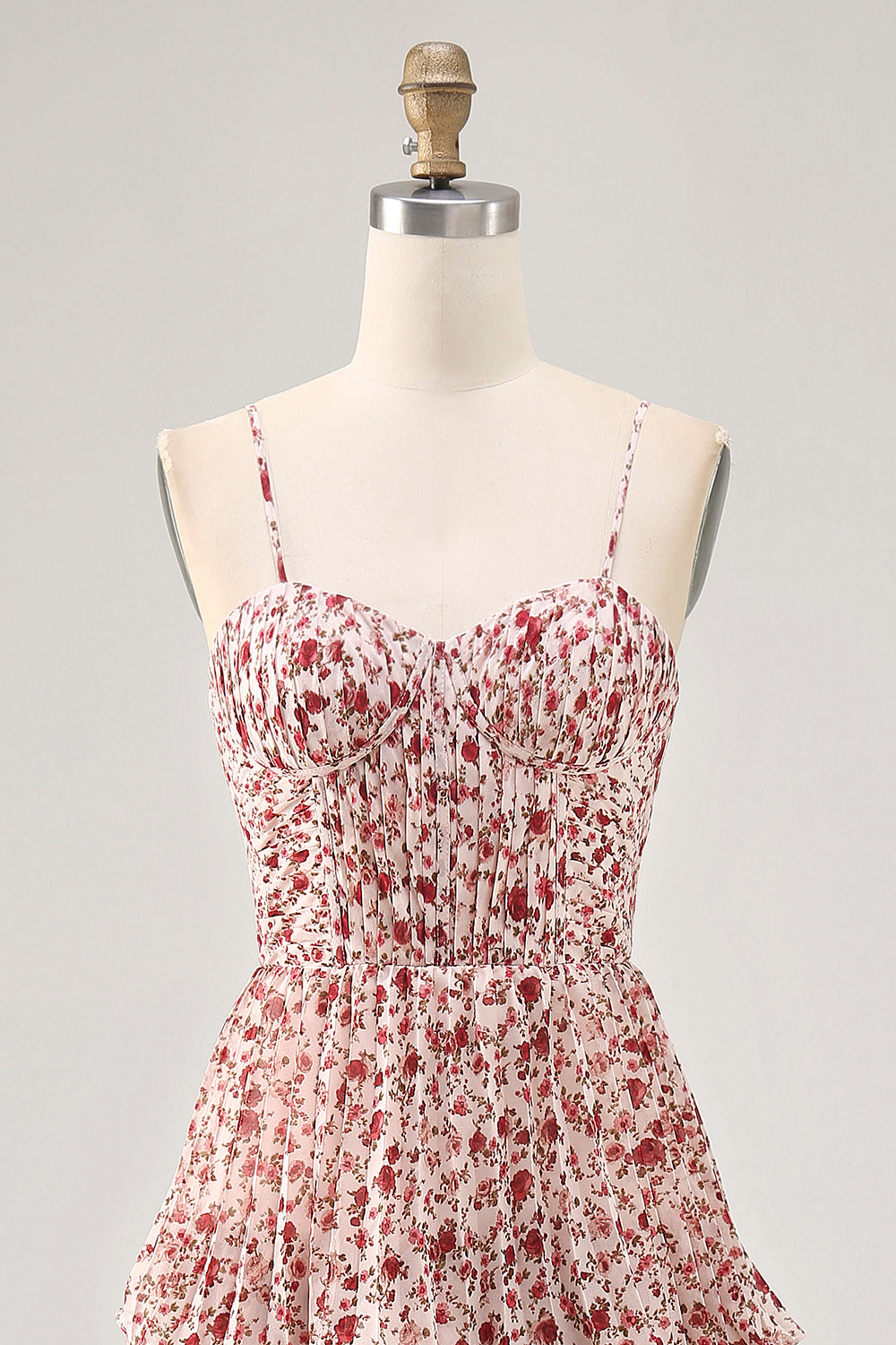 Blush Ruched Floral Chiffon Long Wedding Guest Dress with Ruffles