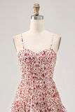 Blush Ruched Floral Chiffon Long Wedding Guest Dress with Ruffles