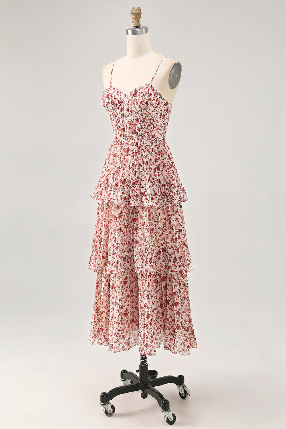 Blush Ruched Floral Chiffon Long Wedding Guest Dress with Ruffles