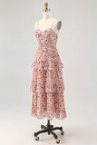 Blush Ruched Floral Chiffon Long Wedding Guest Dress with Ruffles