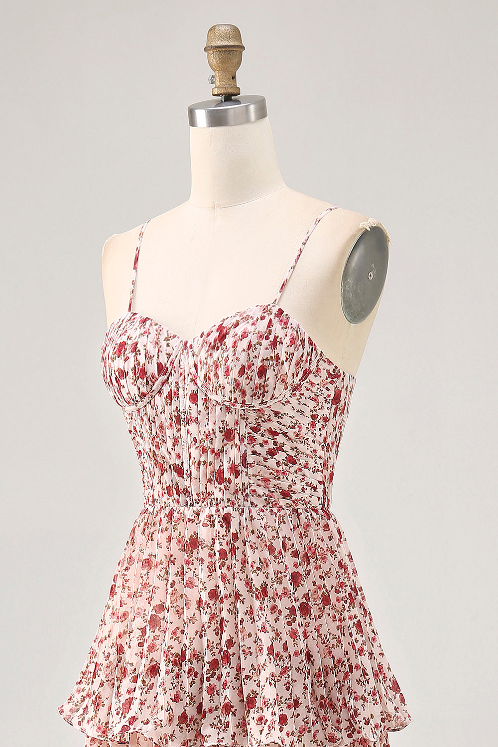 Blush Ruched Floral Chiffon Long Wedding Guest Dress with Ruffles