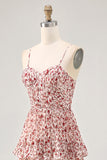 Blush Ruched Floral Chiffon Long Wedding Guest Dress with Ruffles
