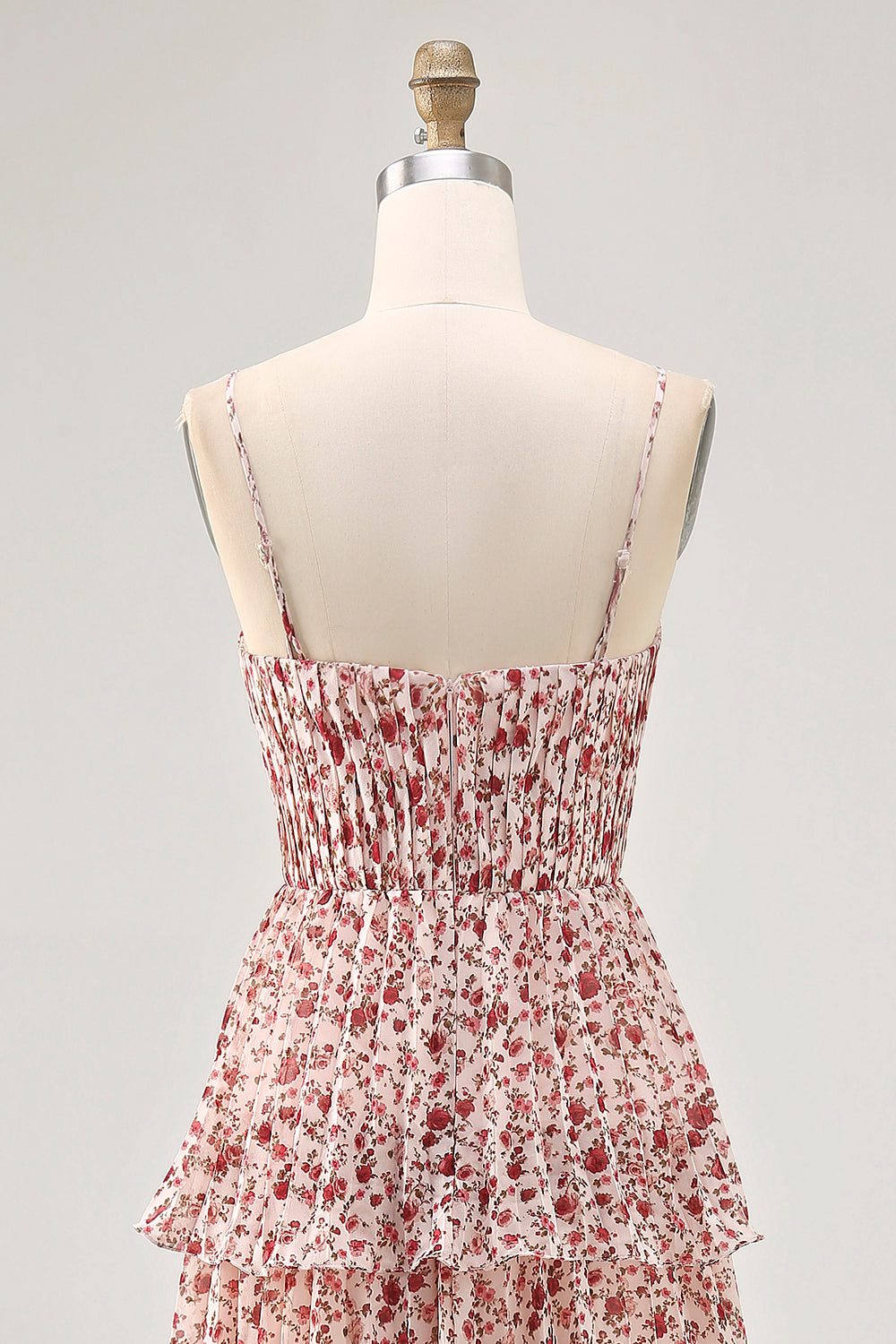 Blush Ruched Floral Chiffon Long Wedding Guest Dress with Ruffles