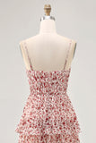 Blush Ruched Floral Chiffon Long Wedding Guest Dress with Ruffles