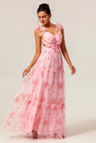 Blush Floral V-Neck Chiffon Long Wedding Guest Dress