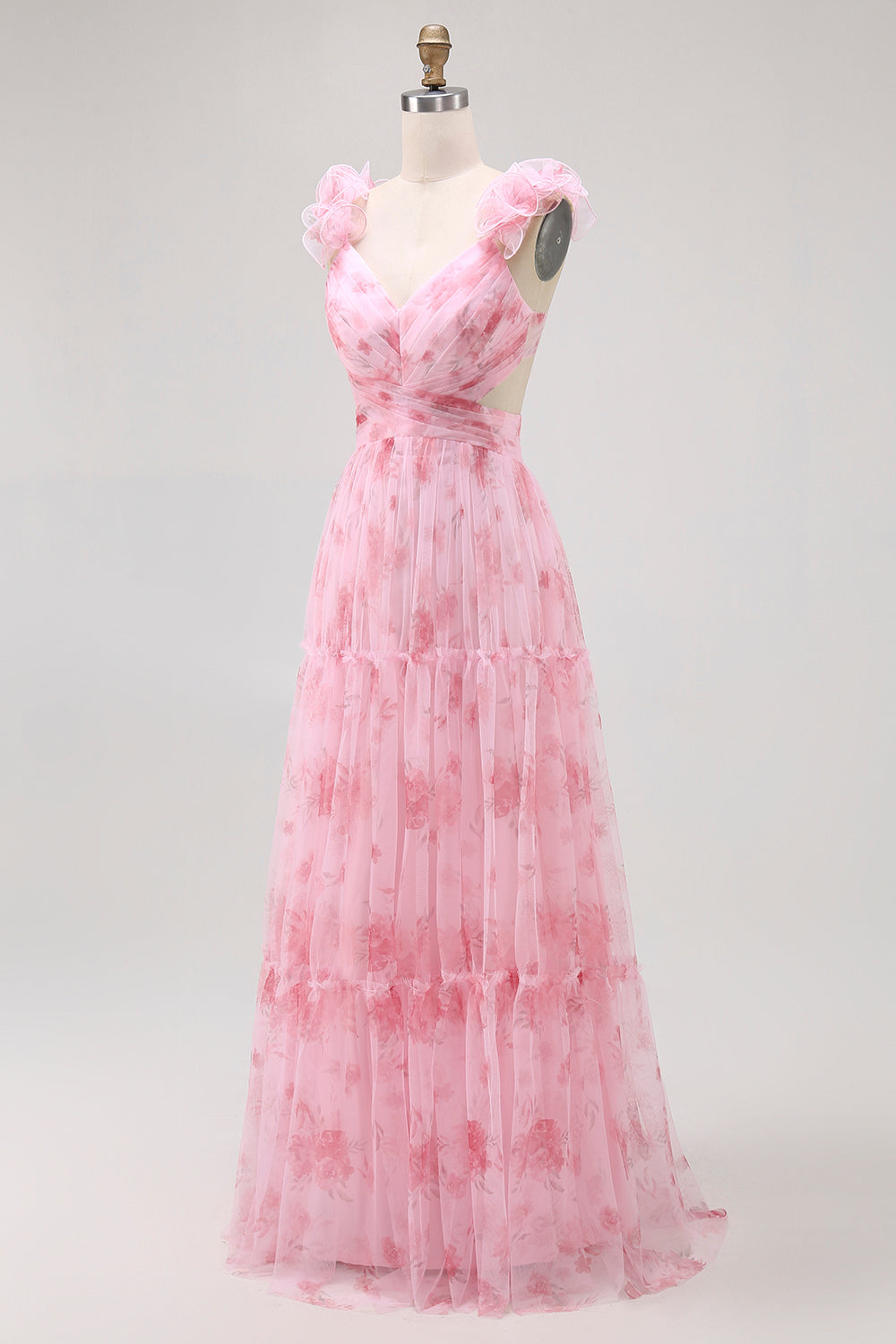 Blush Floral V-Neck Chiffon A-Line Long Wedding Guest Dress