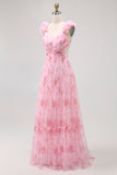 Blush Floral V-Neck Chiffon A-Line Long Wedding Guest Dress