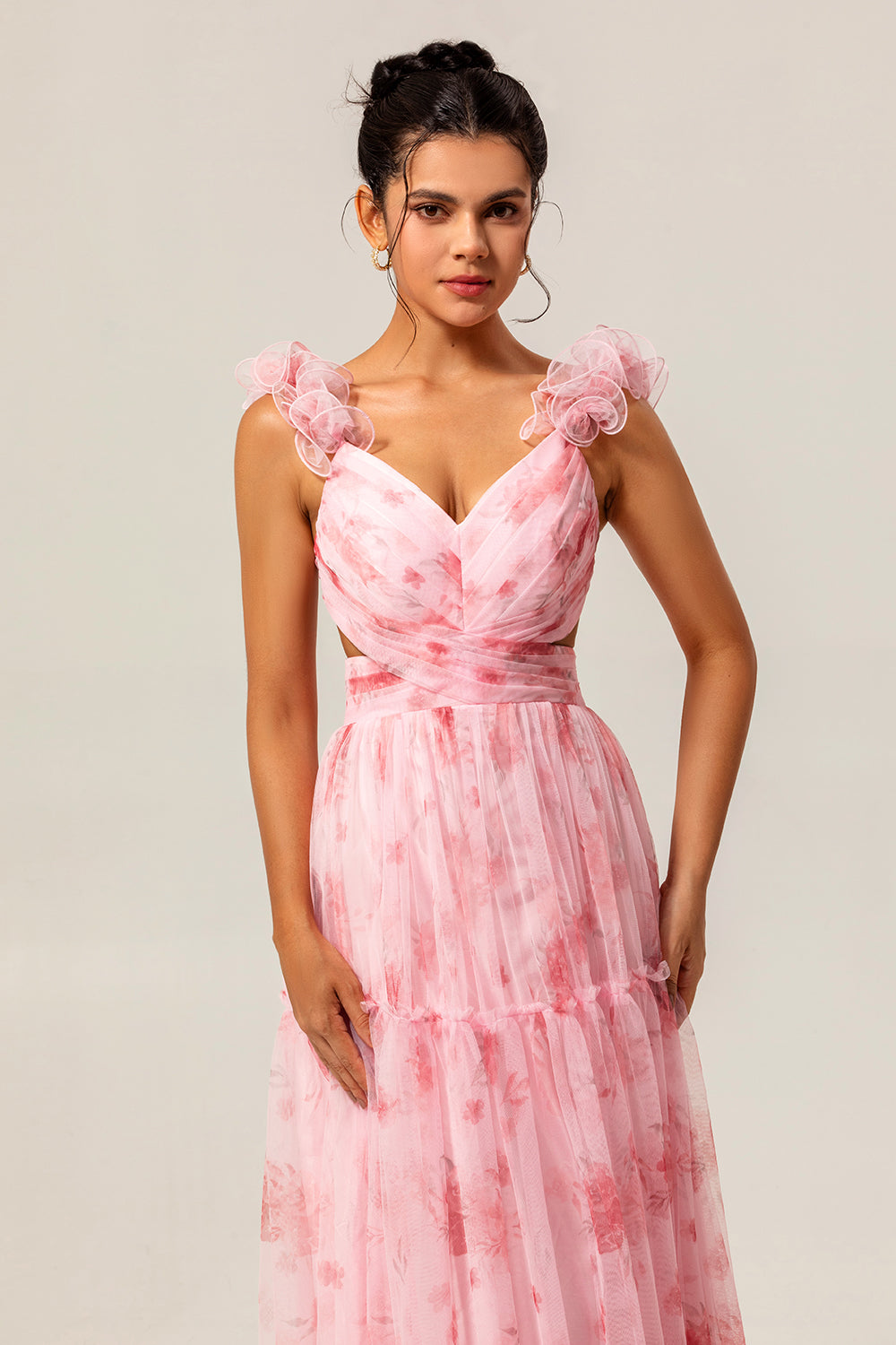 Blush Floral V-Neck Chiffon Long Wedding Guest Dress