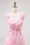 Blush Floral V-Neck Chiffon A-Line Long Wedding Guest Dress
