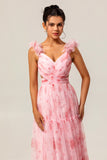 Blush Floral V-Neck Chiffon Long Wedding Guest Dress