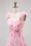 Blush Floral V-Neck Chiffon A-Line Long Wedding Guest Dress