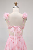 Blush Floral V-Neck Chiffon A-Line Long Wedding Guest Dress