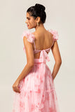 Blush Floral V-Neck Chiffon Long Wedding Guest Dress