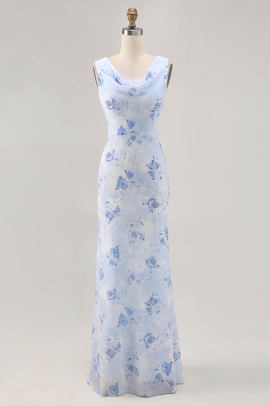 Blue Floral Mermaid Chiffon Long Wedding Guest Dress
