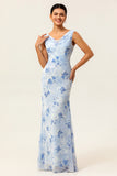 Blue Mermaid Chiffon Floral Long Wedding Guest Dress