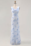 Blue Mermaid Chiffon Floral Long Wedding Guest Dress