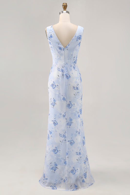 Blue Floral Mermaid Chiffon Long Wedding Guest Dress