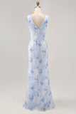 Blue Mermaid Chiffon Floral Long Wedding Guest Dress