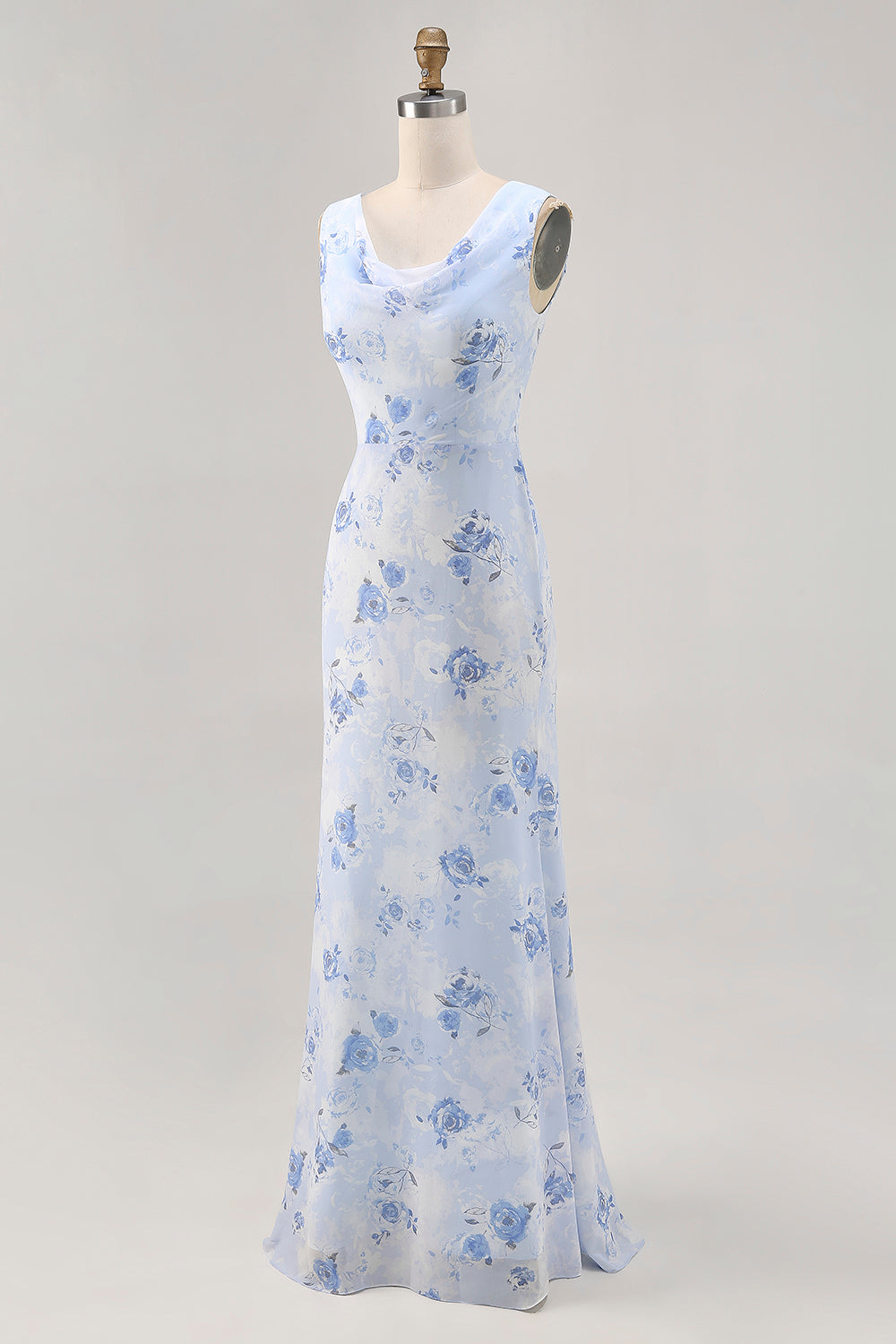 Blue Floral Mermaid Chiffon Long Wedding Guest Dress