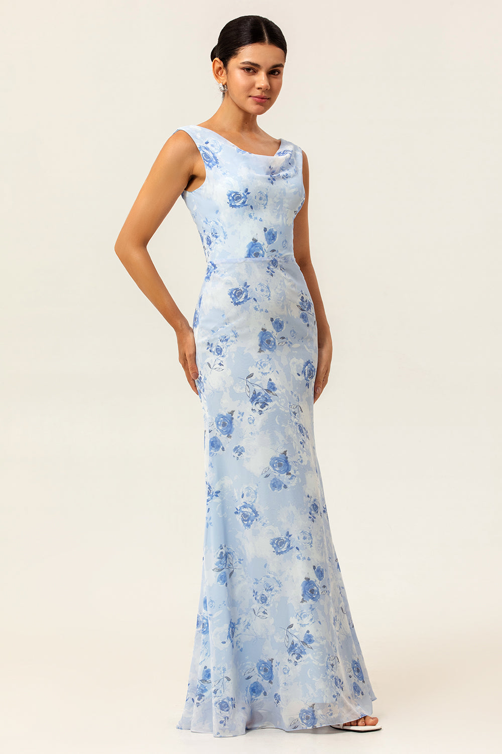 Blue Mermaid Chiffon Floral Long Wedding Guest Dress