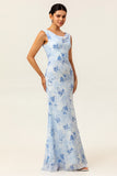 Blue Mermaid Chiffon Floral Long Wedding Guest Dress
