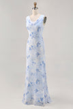 Blue Floral Mermaid Chiffon Long Wedding Guest Dress
