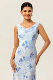 Blue Mermaid Chiffon Floral Long Wedding Guest Dress