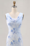 Blue Floral Mermaid Chiffon Long Wedding Guest Dress