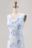 Blue Floral Mermaid Chiffon Long Wedding Guest Dress