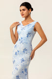 Blue Mermaid Chiffon Floral Long Wedding Guest Dress