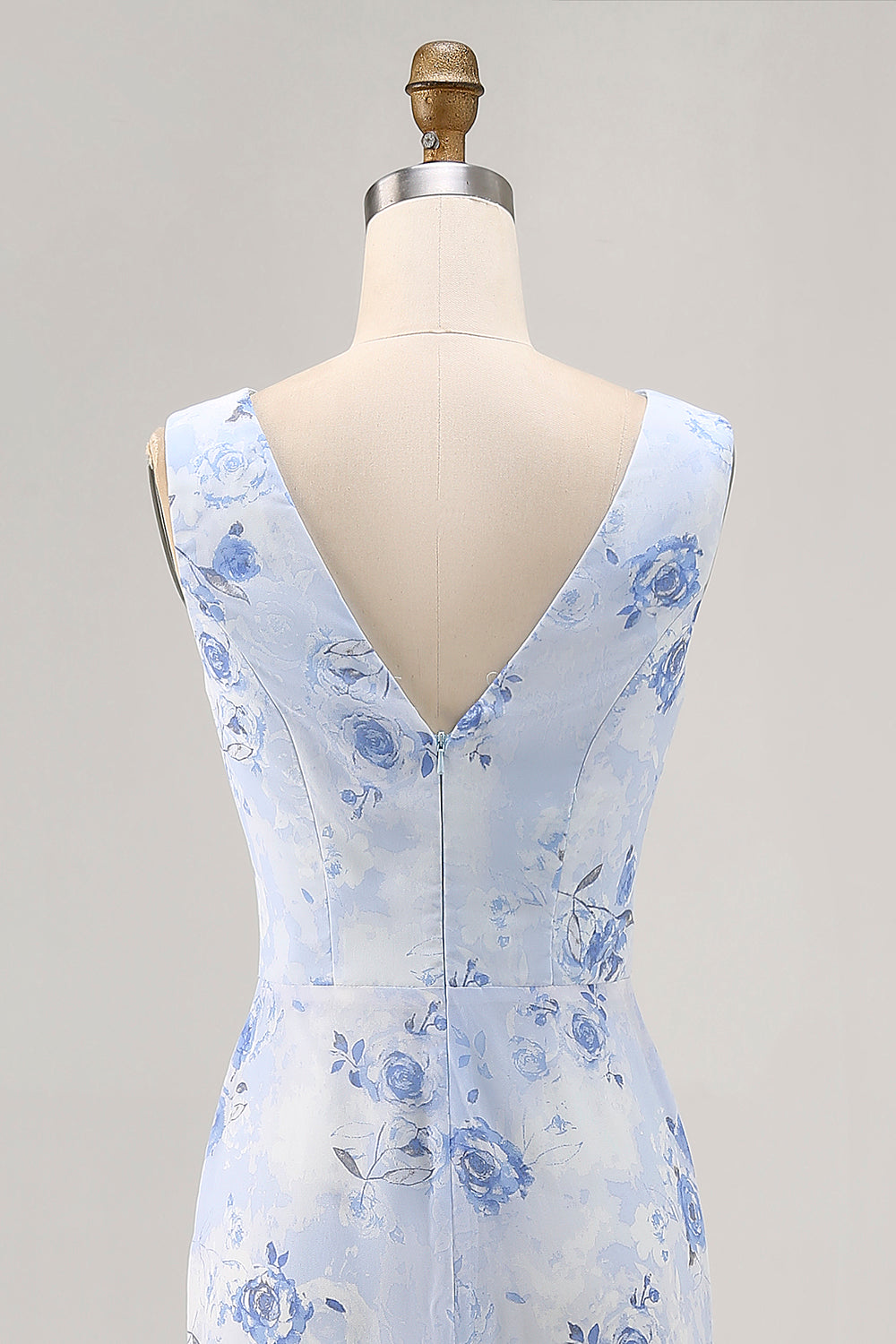 Blue Floral Mermaid Chiffon Long Wedding Guest Dress