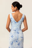 Blue Mermaid Chiffon Floral Long Wedding Guest Dress