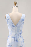 Blue Floral Mermaid Chiffon Long Wedding Guest Dress