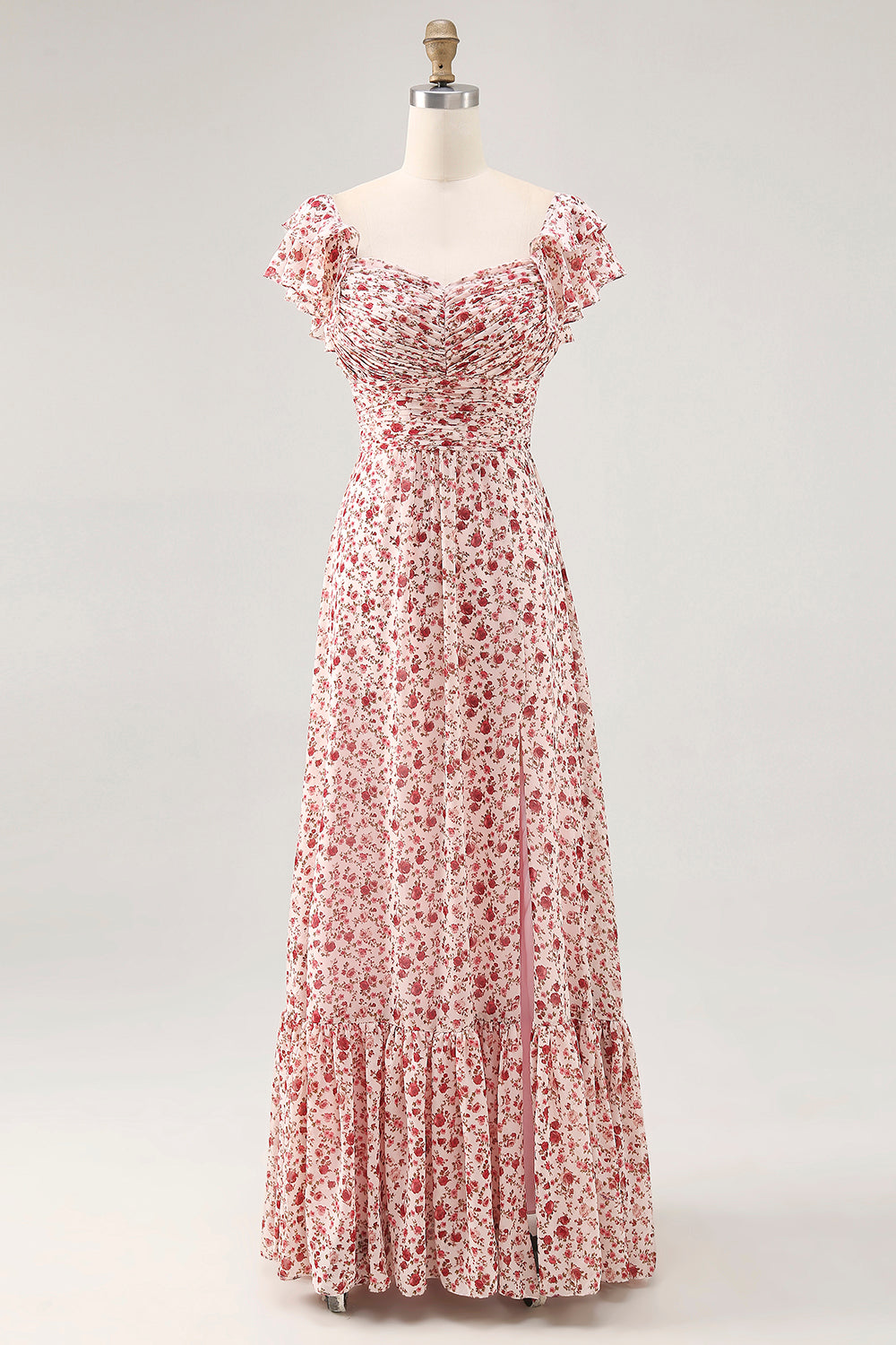 Blush Ruffled Floral Chiffon Long Wedding Guest Dress with Slit