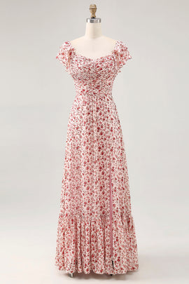Blush Ruffled Floral Chiffon Long Wedding Guest Dress with Slit