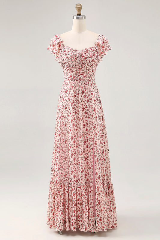 Blush Ruffled Floral Chiffon Long Wedding Guest Dress with Slit