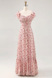 Blush Ruffled Floral Chiffon Long Wedding Guest Dress with Slit