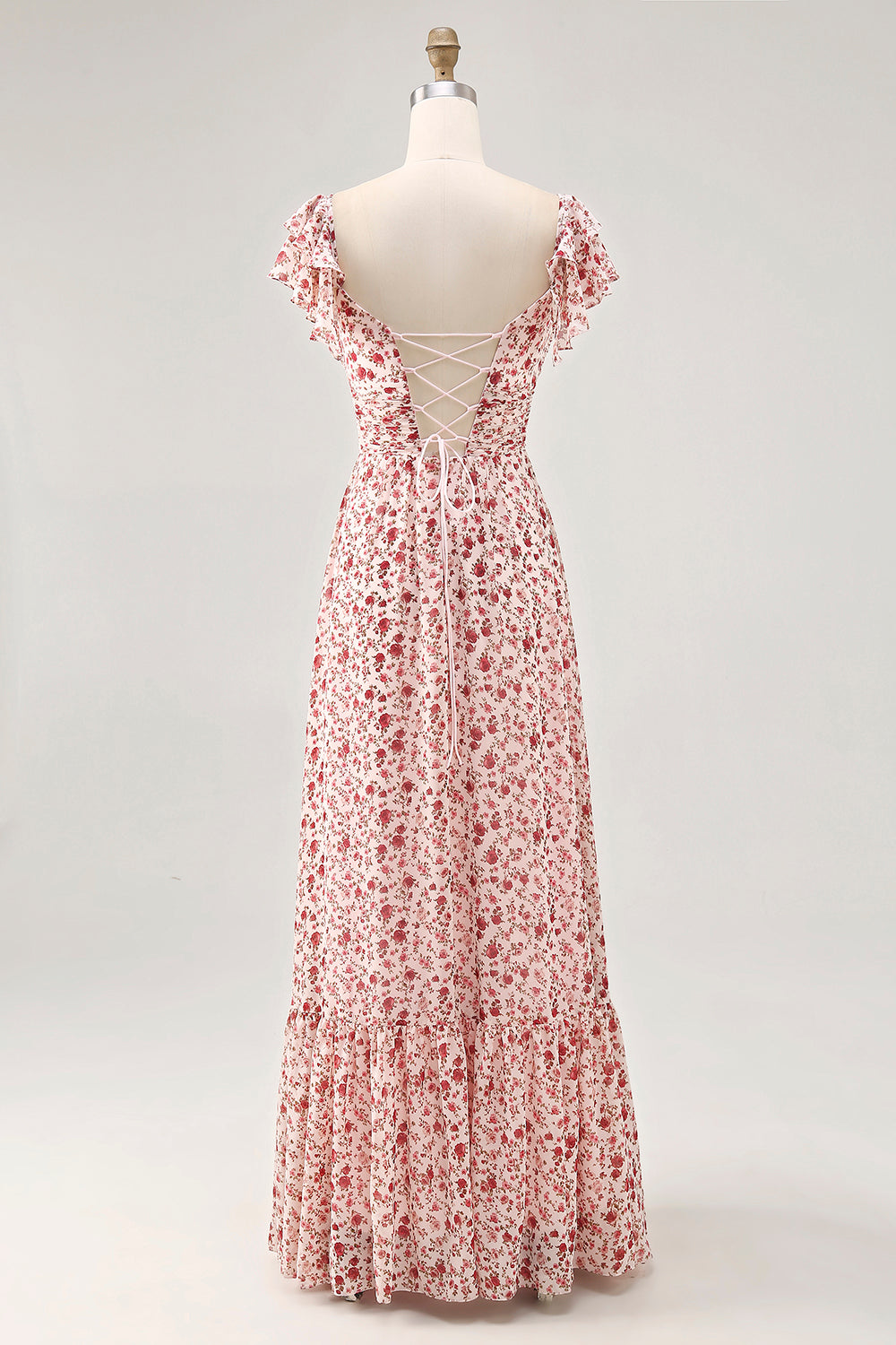 Blush Ruffled Floral Chiffon Long Wedding Guest Dress with Slit