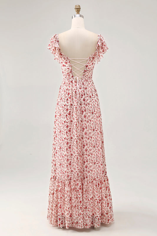 Blush Ruffled Floral Chiffon Long Wedding Guest Dress with Slit