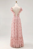 Blush Ruffled Floral Chiffon Long Wedding Guest Dress with Slit