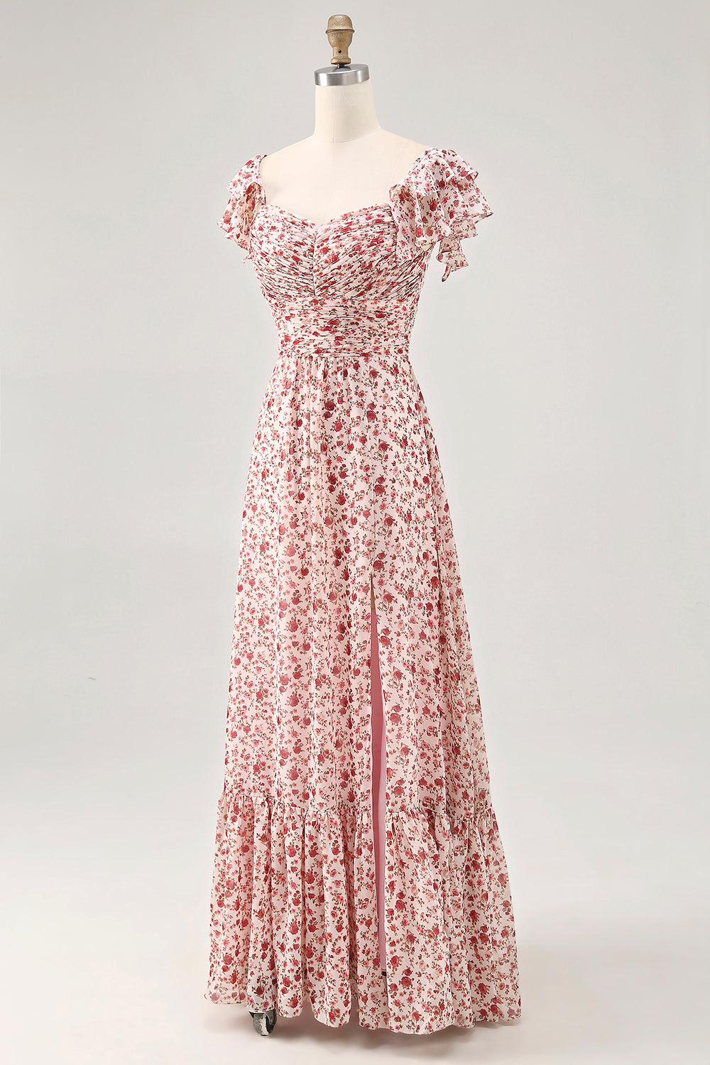 Blush Ruffled Floral Chiffon Long Wedding Guest Dress with Slit
