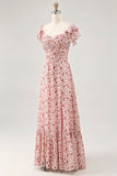 Blush Ruffled Floral Chiffon Long Wedding Guest Dress with Slit